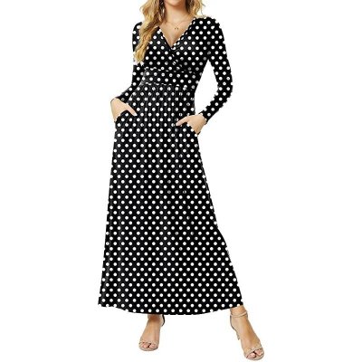 Women Long Sleeve Deep V-Neck Casual Long Dress Pleated Waist Maxi Dresses with Pockets