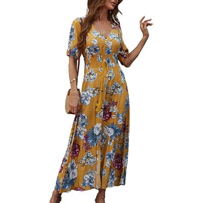 Womens Summer Casual Short Sleeve Floral Print Bohemian V Neck Flowy Midi Maxi Dress with Slit
